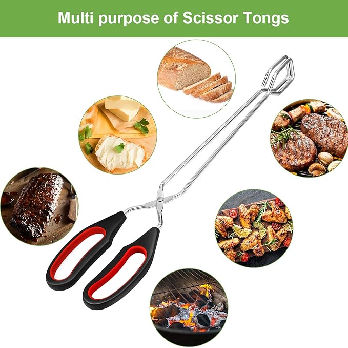 Boao 3 Pack Stainless Steel Scissor Metal Tongs Kitchen Wire Tongs for Cooking 9-inch 11-inch and 12-inch Heat Resistant Small Scissor for BBQ Grilling Tool for Hot Food with Silicone Handle
