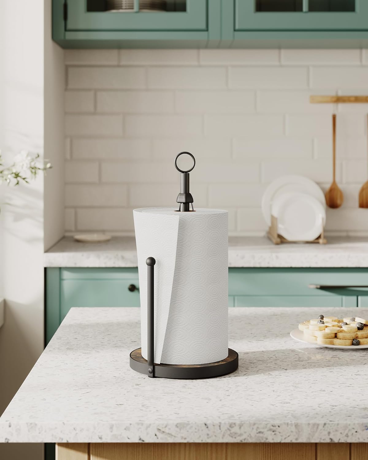 OROPY One-Hand Tear Paper Towel Holder Countertop, Farmhouse Wood Paper Towel Roll Holder with Ratchet Mechanism and Suction Cups fits Standard and Jumbo Size Paper Towels