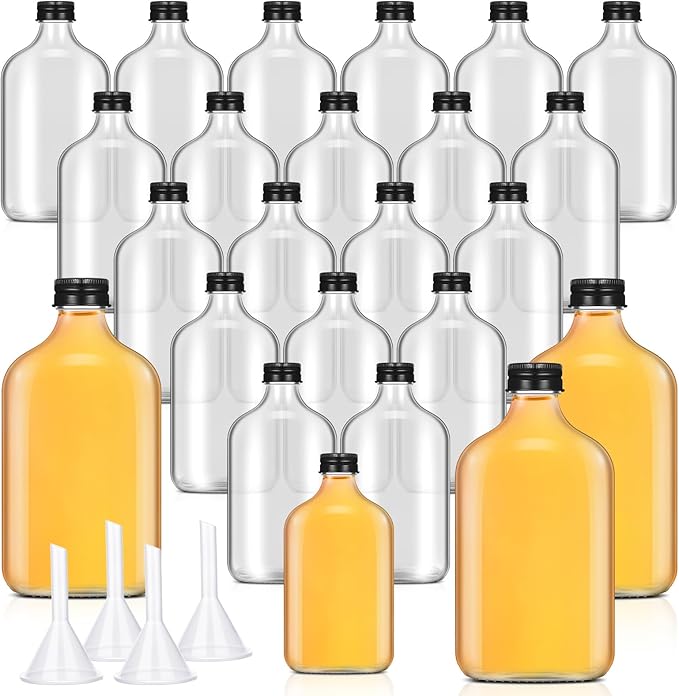 Gejoy 24 Pcs Mini Liquor Bottles Reusable Glass Flask Bottles with Black Caps Clear Empty Alcohol Shot Jars Small Champagne Jars with 4 Funnels for Wine Weddings Party Favors Christmas(8.5 oz)