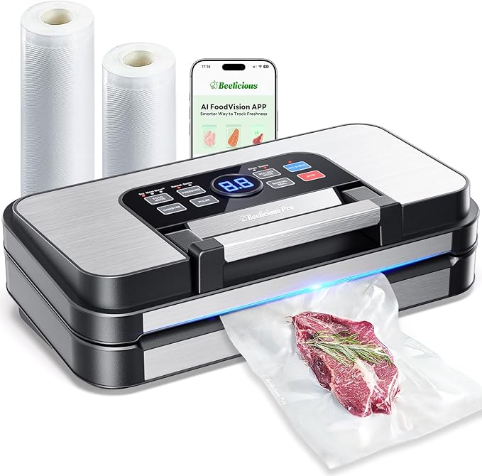 95Kpa Powerful Precision Pro Vacuum Sealer, with Double Heat Seal & Double Pump, Easy-Lock Handle, 10-in-1 Vacuum Sealer Machine for Food with Bags Storage, Built-in Cutter, Stainless Steel