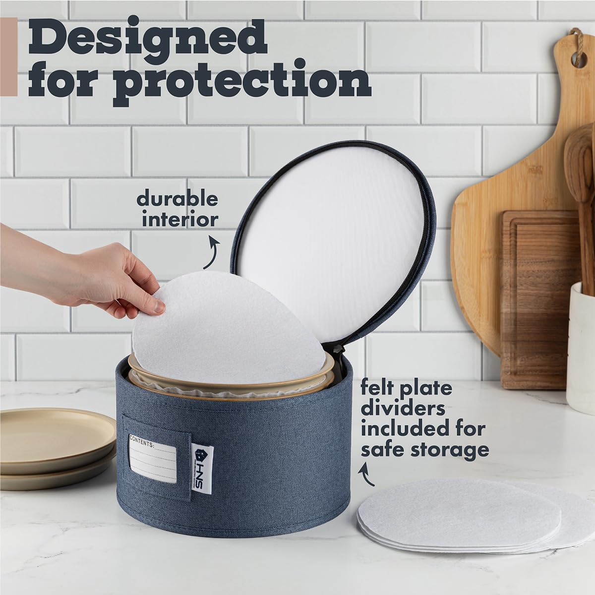 Salad Plates Storage Container - Hard Shell China Organizer with Dividers - Holds 12 Plates of 9" - Durable & Stackable Storage Box for Seasonal Dishware Protection - Denim Blue
