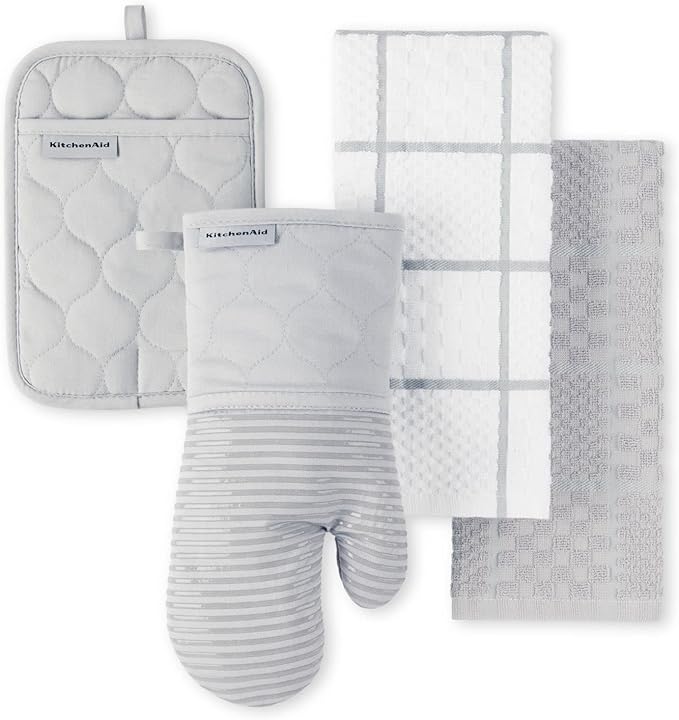 KITCHENAID Quilted Cotton Terry Cloth Oven Mitt, Pot Holder, Kitchen Towel 4-Pack Set, Heat Resistant, Silicone Grip, 16"x26", 7"x13" & 7"x10", Matte Grey