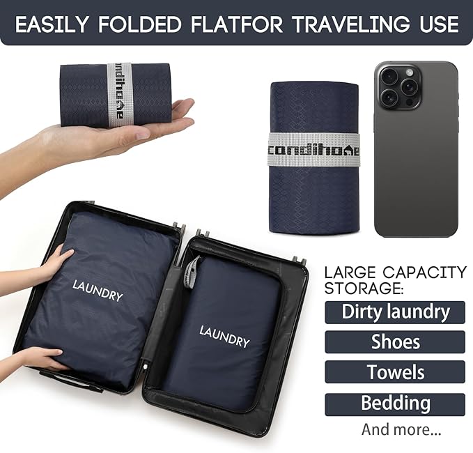 Travel Laundry Bag (2 Pcs - Large + Small) - Foldable Waterproof Washable Wet Dry Bag for Gym, Swimming, Yoga, and Workout Perfect for Dirty Clothes, Bathing Suits, Travel Accessories - Navy Blue
