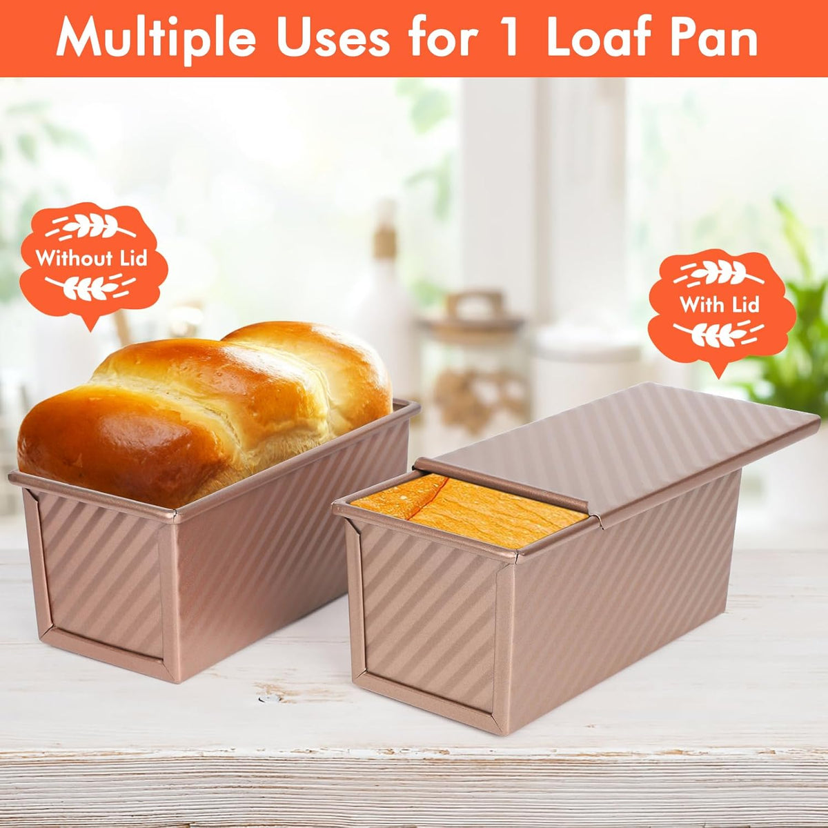 Beasea Pullman Loaf Pan With Lid, 2 Pack 0.5 lb Small Non-Stick Carbon Steel Mini Toast Box for Homemade Bread Oven Baking - Rose Gold