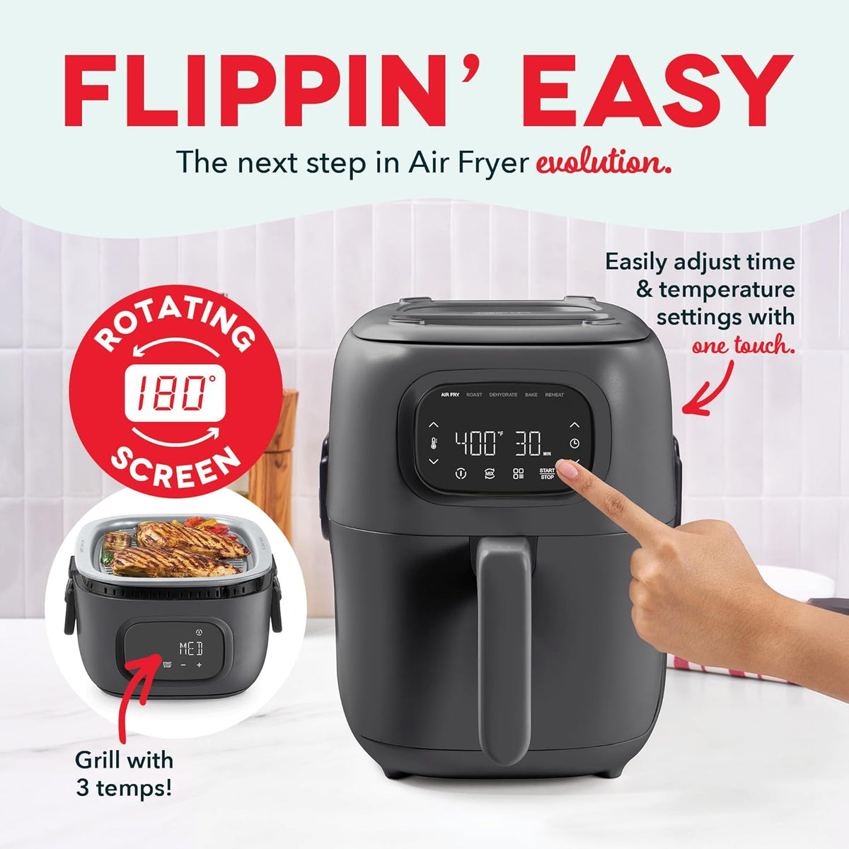 Dash Flip & Fry™ Digital 2-in-1 Grill + Air Fryer with 5 functions, 7 Qt Capacity, Air fryer & Indoor Grill for fries, wings, burgers and more - Forged Iron
