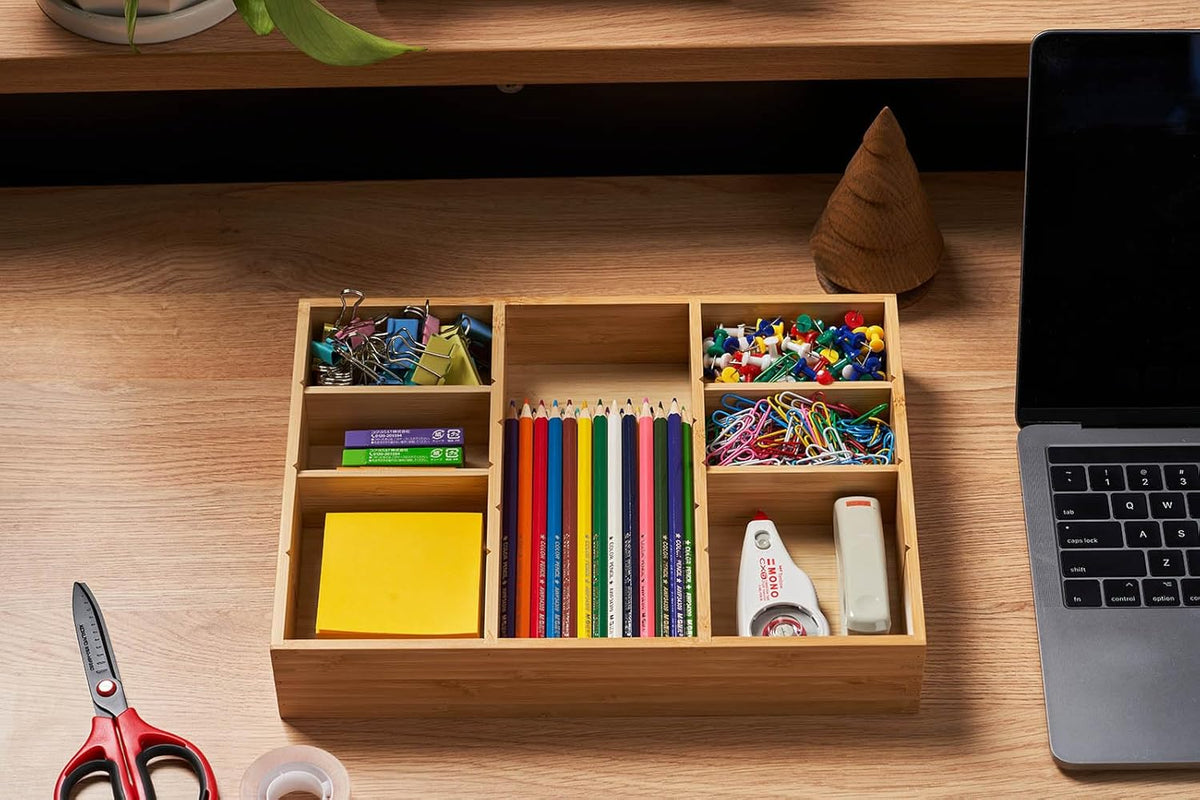 Umilife Desk Drawer Organizer, Bamboo Wood Organizer Tray with Adjustable Compartments, Office Desk Accessories Supplies Organization Storage, 12" x 9"