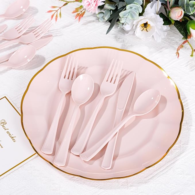 Supernal 300 Pieces Pink Plastic Silverware Heavy Duty Disposable Silverware Pink Utensils Disposable Cutlery Set 100 Forks 100 Knives 100 Spoons for Wedding Party Supplies Everyday Use