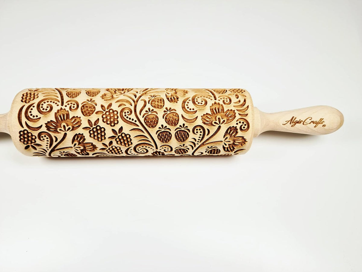STRAWBERRY embossing rolling pin. Engraved wooden embossed dough roller for embossed cookies or clay by Algis Crafts