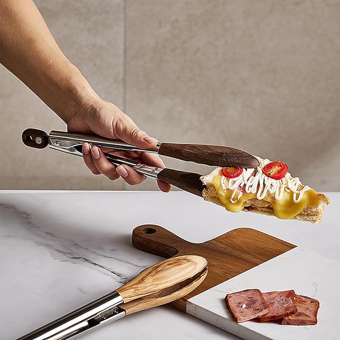 Lee's Clover Wooden Tongs for Cooking with Walnut Wood Tips & Stainless Steel Handle – Food & Kitchen Tongs for Serving, Salad, BBQ, Buffet, Grill (Large)