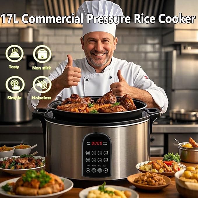 17.8QT Commercial Electric Pressure Cooker stainless steel Pressure Cooker | 24-hour Presetting |8 in 1 slow cooker with temperature control | LED Multifunction Food Warmer with nonstick pot