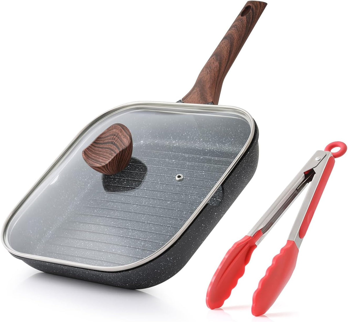Nonstick Grilling Pan with Lid for Stove Tops, 11 Inch Square Grill Pan for Indoor Cooking, Granite Coating Grill Skillet with Pour Spouts, Versatile Griddle, Induction Steak Pan, PFOA Free