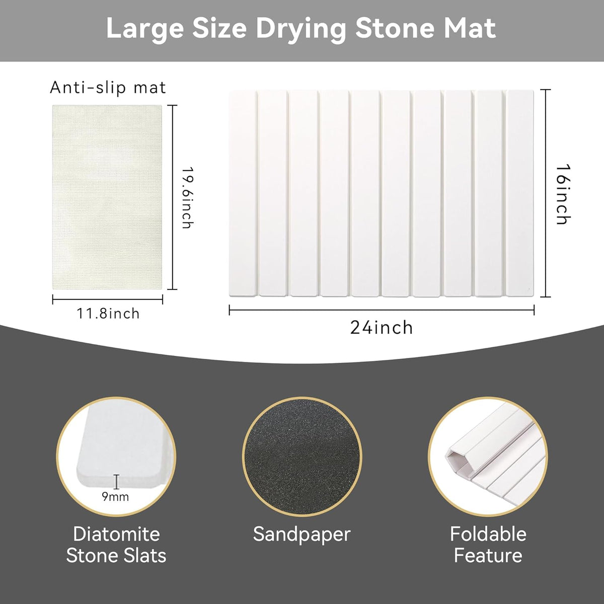 Large Stone Dish Drying Mat for Kitchen Counter, 24" x 16"Fast Dry Stone Mat, Super Absorbent Dish Drying Mat, Drying Board Diatomaceous for Kitchen, Utensils, Fruits, Instant Drying Stone Mat, White