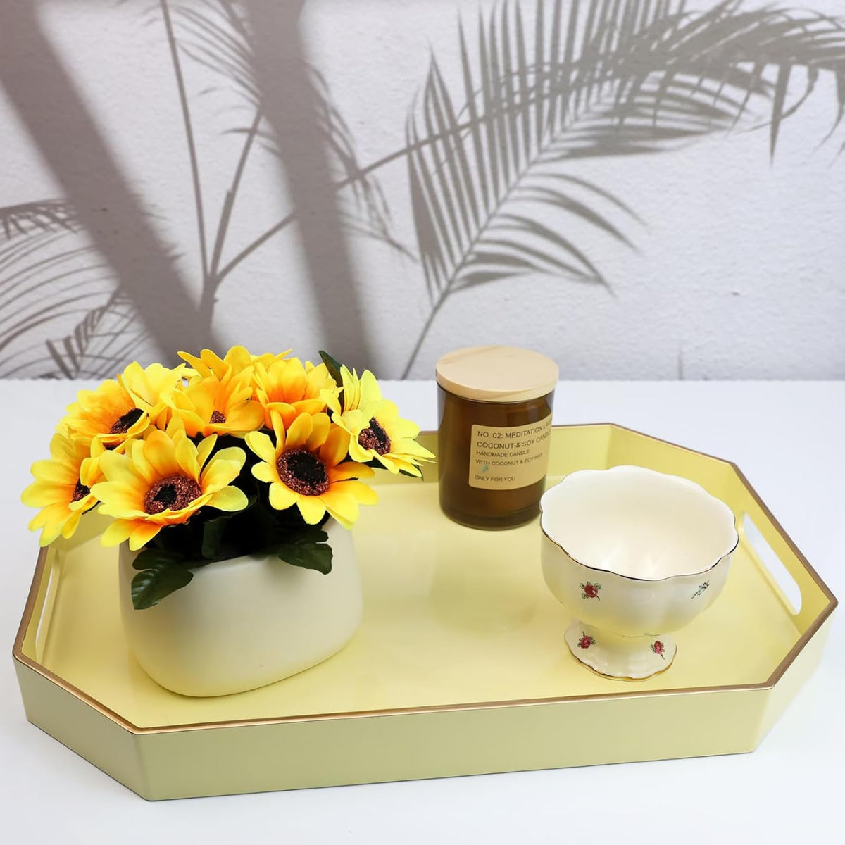 Spsyrine Yellow Plastic Serving Tray for Ottoman, Coffee Table, Octagon Decorative Tray for Entertaining, Outdoor, Living Room, Home Decor