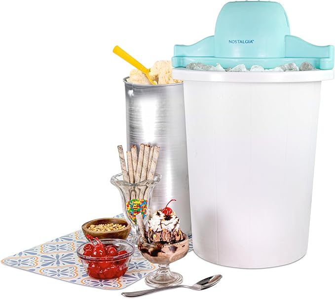 Nostalgia Electric Ice Cream Maker – Parlor Style, Old Fashioned Soft Serve Ice Cream Machine Makes Frozen Yogurt or Gelato in Minutes - Fun Kitchen Appliance – Blue & White - 6 Quart