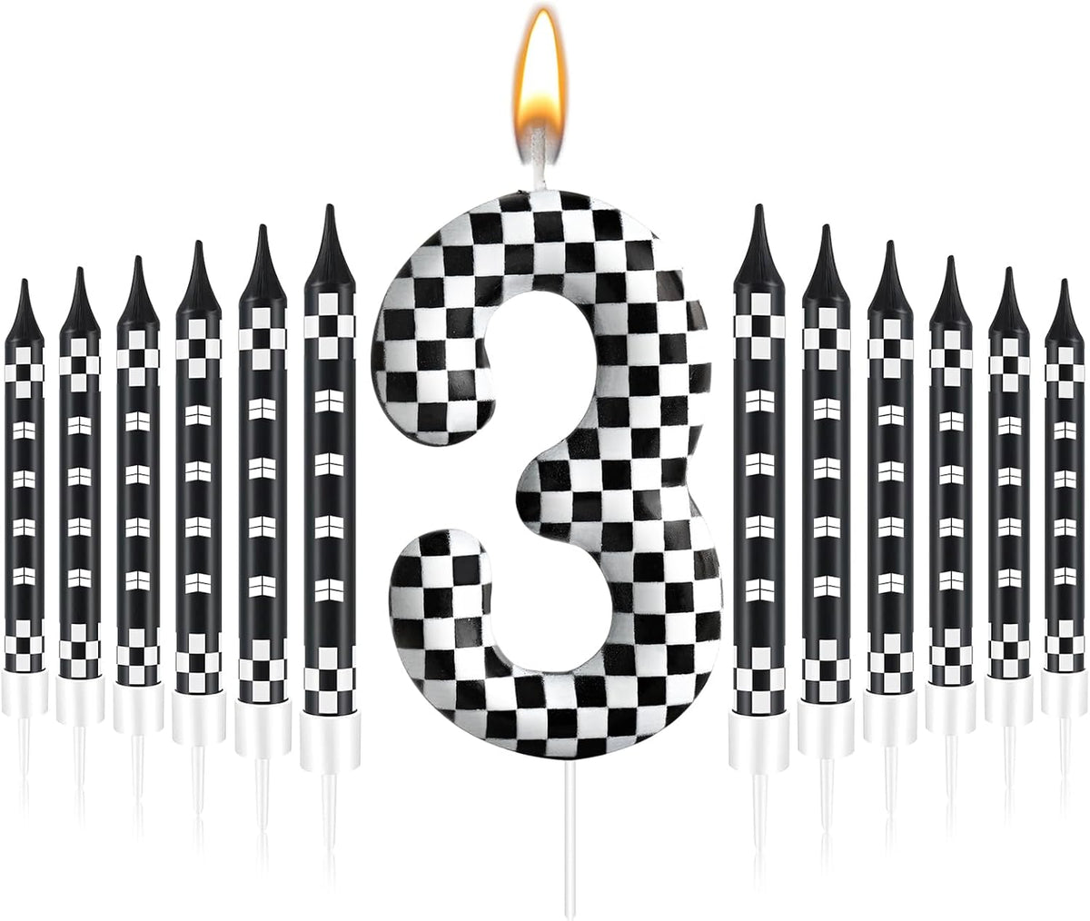 13 Pcs Racing Cars Themed Birthday Candles Black and White Race Number 3 Checkered Candle Cake Topper for Racing Car Party Decoration Supplies (Number 3)