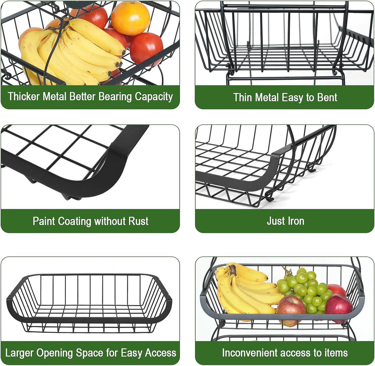 Fruit Vegetable Storage Basket, Kitchen Fruit Vegetable Storage Cart, 5 Tier Stackable Metal Wire Storage Baskets with Wheels, Produce Basket Organizer Bins for Pantry, Bathroom, Black