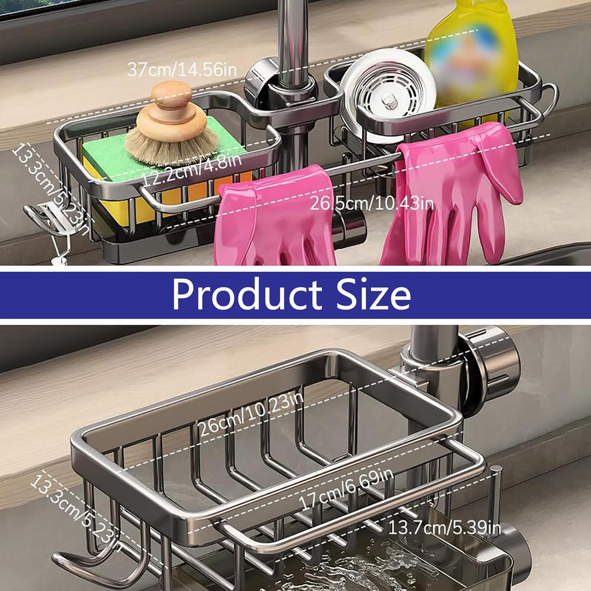 Kitchen Sink Faucet Organizer Multifunction Sponge Holder Organizer Sink Drain Holder Over Faucet Kitchen Sink Caddy with Hook Adjustable for 0.7-1.1inch Round Water Pipe (Silver, B)