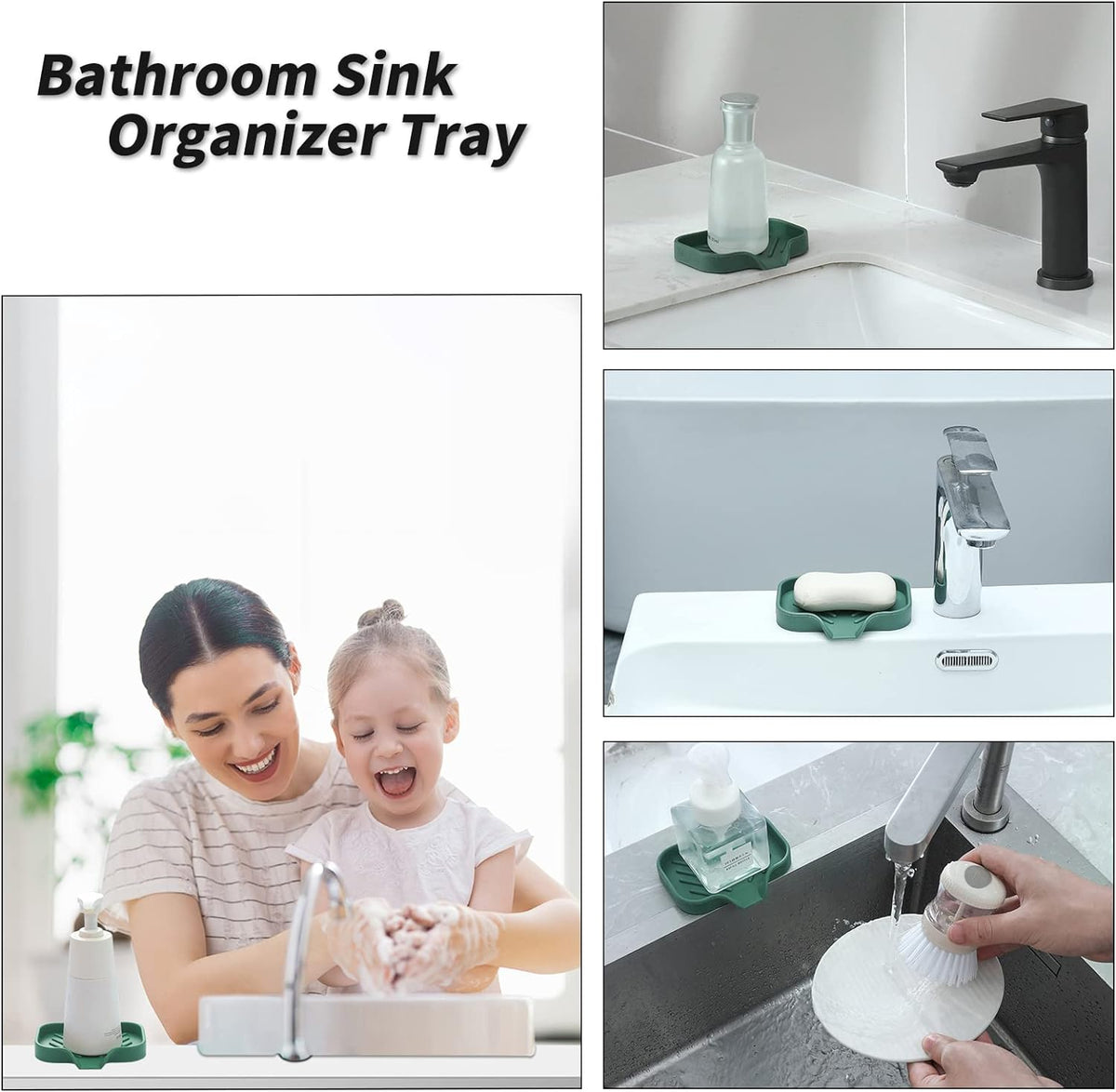 Silicone Bathroom Soap Dishes with Drain Spout-Bathroom and Kitchen Sink Organizer,Sponge Holder,Dish Soap Tray,Perfect for Dispenser,Scrubber,Bottle,Cup on Sink or Counter-Green 4.9"×3.2"