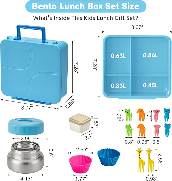 Bento Lunch Box with 9.5 oz Soup Thermo, Kids Leakproof 4 Compartments Bento Box with Silicone Cupcake,Fruit Fork,Spoon and Sauce Cup,Insulated Food Jar for School Travel-Blue