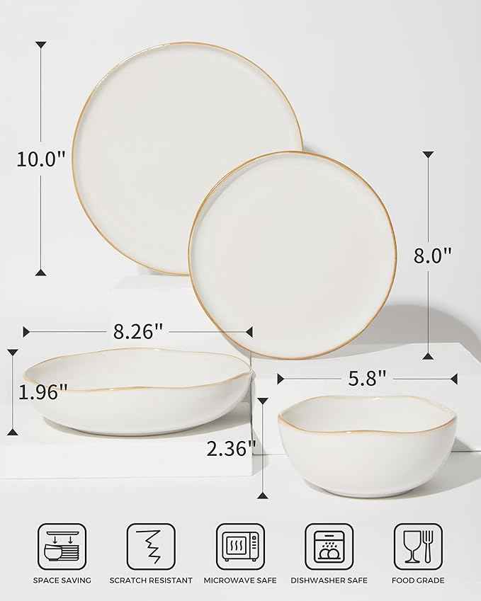 32 Piece White Dinnerware Set with Pasta Bowls, Reactive Glaze Stoneware for 8 | Perfect for Multi‑Course Dinners, Hosting Large Groups, Holiday Serving Needs
