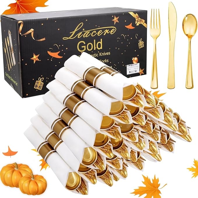 Liacere 100Pack Pre Rolled Gold Silverware and Napkin-Disposable Gold Plastic Utensils-Wrapped Plastic Cutlery Set with Napkin:100 Forks,100 Knives,100 Spoons,100 Napkins for Wedding&Thanksgiving