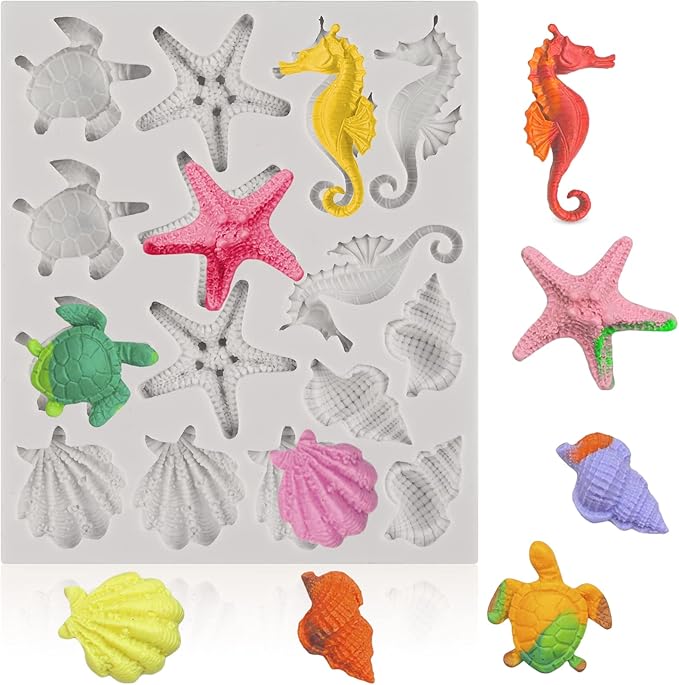 Sakolla Marine Theme Fondant Silicone Molds, Seashell, Conch, Seahorse, Starfish, Tortoise Silicone Mold for Cake Decoration, Chocolate Candy Sugar Craft