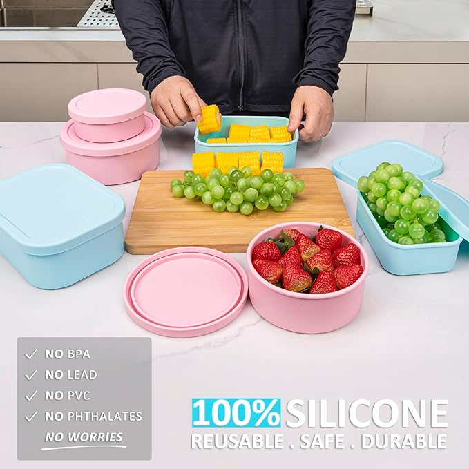 Nesting 100% Silicone Food Storage Containers with Lid & Measuring Line, 6 Pack, Leakproof Stackable Silicone Containers for Food Lunch Snack, Microwave Freezer Dishwasher Safe, Light Blue/Pink