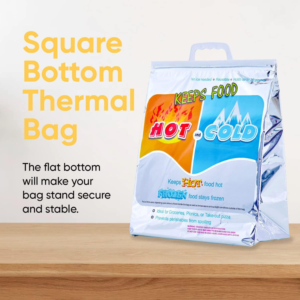 Superio Hot and Cold Insulated Bags for Food Delivery, Grocery Shopping Bags, Food Storage for Hot and Frozen Food for Travel, Disposable Cooler Bag, Reinforced Thermal Lunch Bag (8, 13"x7"x15.5")