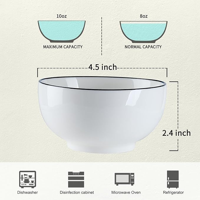 YOLIFE 10 oz Bowls Set of 6, Porcelain Rice Bowl, Soup Bowls, Small Dish Bowl for Ice Cream Dessert Cereal Side Dipping Fruit, Microwave Dishwasher Safe