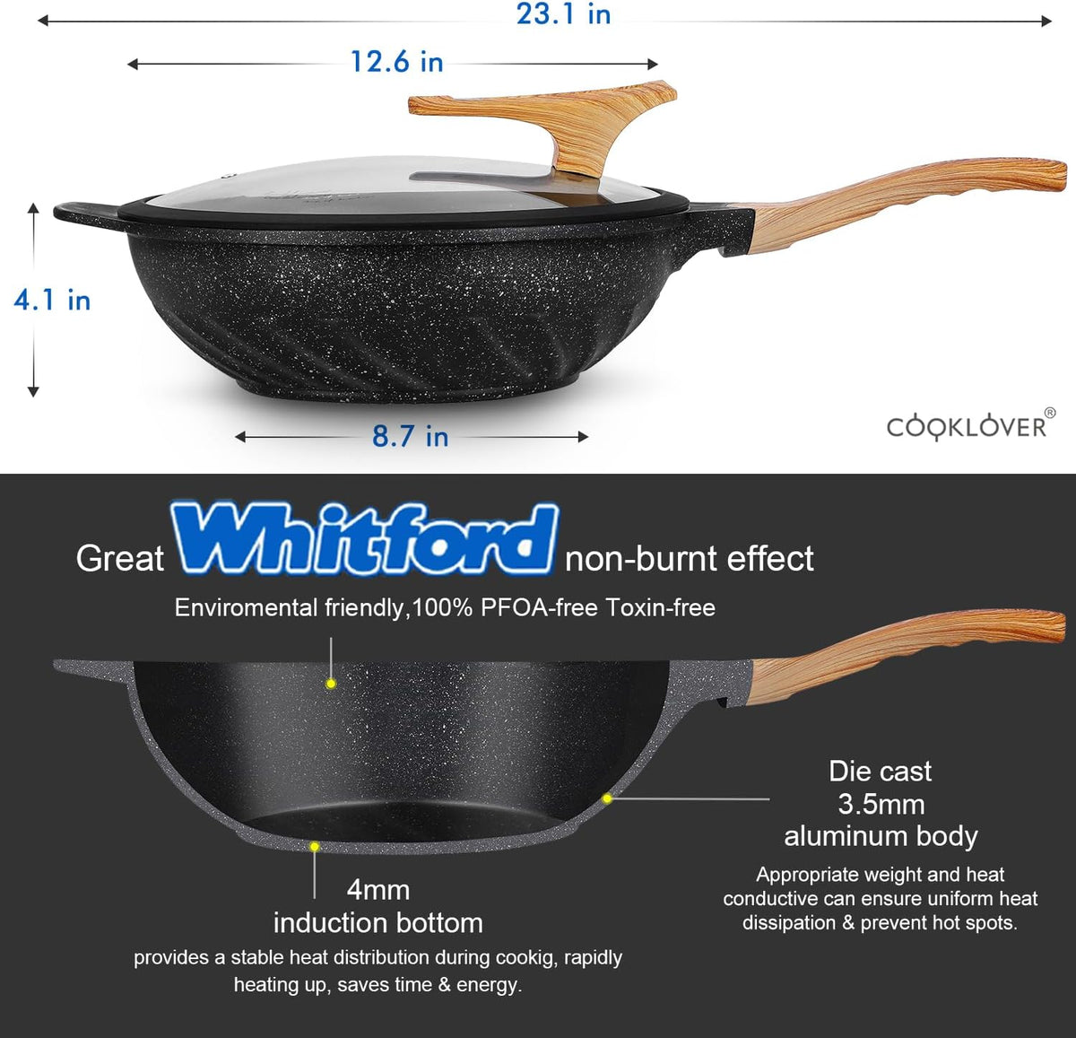 COOKLOVER Nonstick Woks And Stir Fry Pans Die-cast Aluminum Scratch Resistant 100% PFOA Free Induction Wok pan with Lid 12.6 Inch - Black