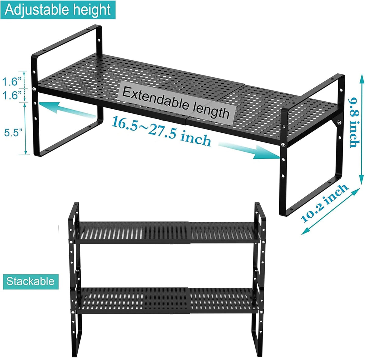 iPEGTOP Large Expandable Cabinet Storage Shelf Organizer Rack, Heavy Duty Stackable Steel Metal Spice Rack Adjustable Height Office Pantry Garage Shelves for Counter Kitchen, Black - 1 Pack