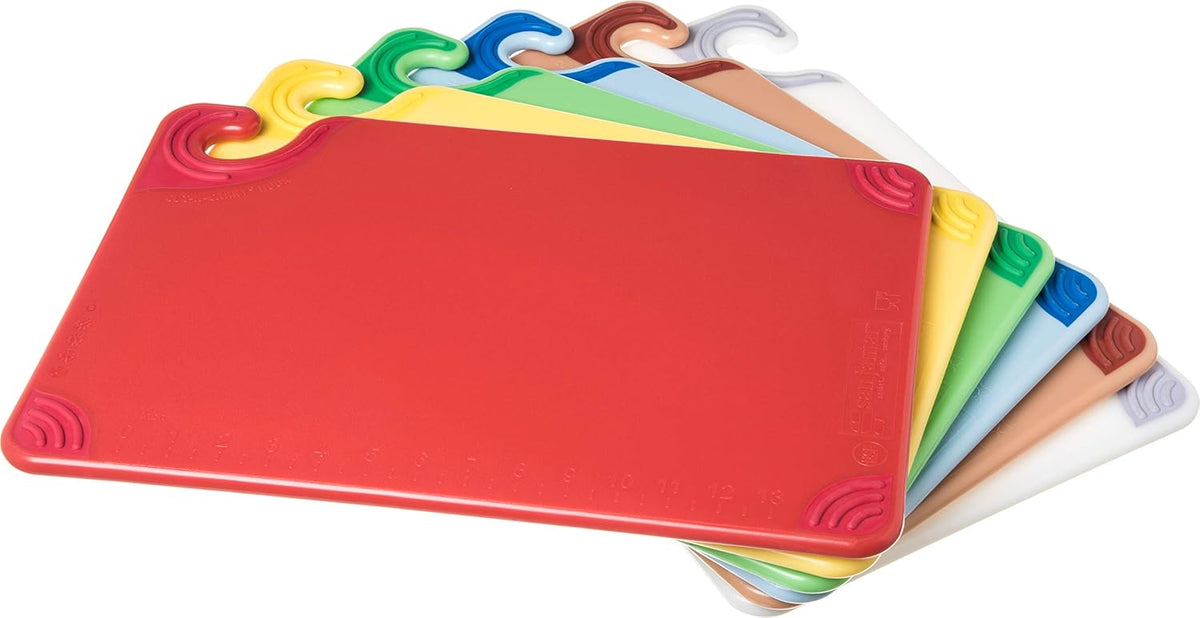 San Jamar Saf-T-Grip Plastic Cutting Board With Safety Hook, 12" x 18" x 0.5", Assorted Colors, (Set of 6)