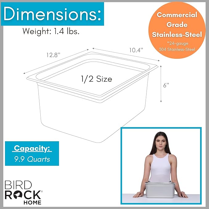 BIRDROCK HOME Stainless Steel Steam Table Pan - Hotel, Restaurant & Catering Supplies - 24 Gauge Steel, 9.9 qt Capacity - Meal Prep, Cooking, & Food Storage Container - 6" Depth, 1/2-Size (6 Pack)
