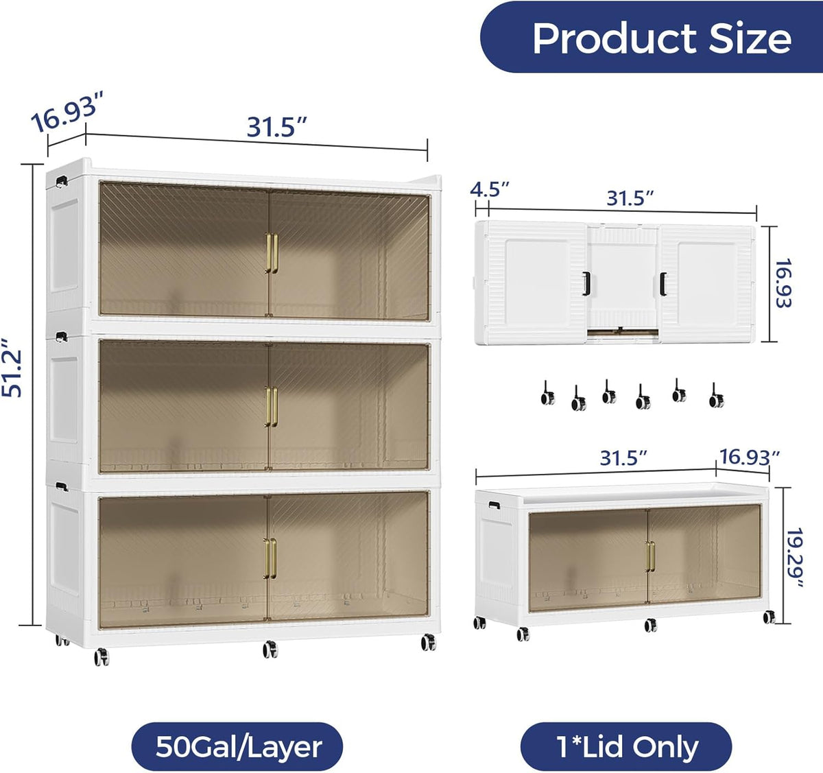 150 Gallon Extra Large Collapsible Storage Bin with Lid, 600QT Stackable Plastic Organizer with 6x Wheels, Foldable Drawer Cabinet for Closet, Living Room Office Dorm 3Pack, White