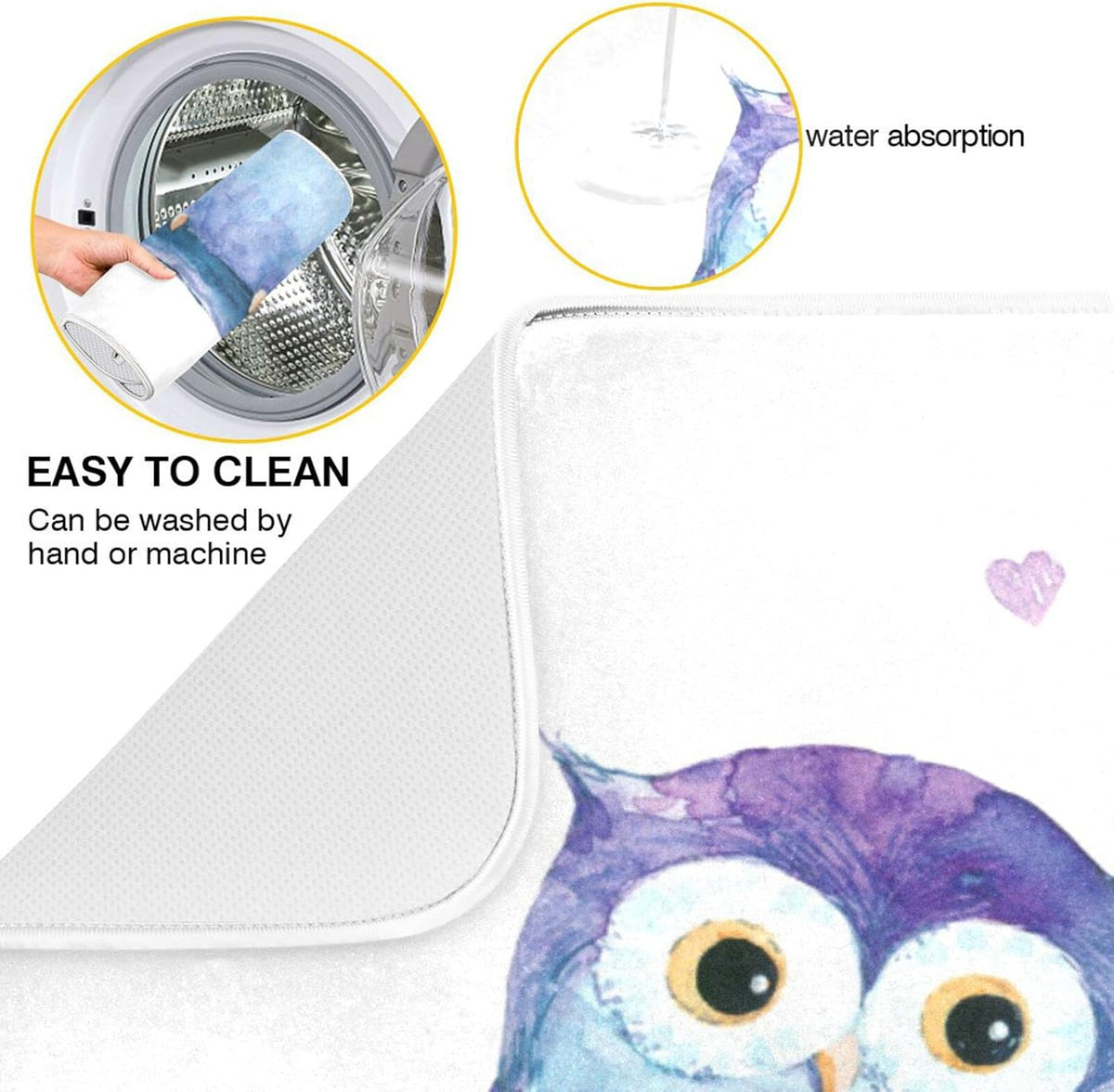 Cute Owl Dish Drying Mat for Kitchen Counter Absorbent Microfiber Drying Pad, Large 18x24 in, Reversible Drainer Mats