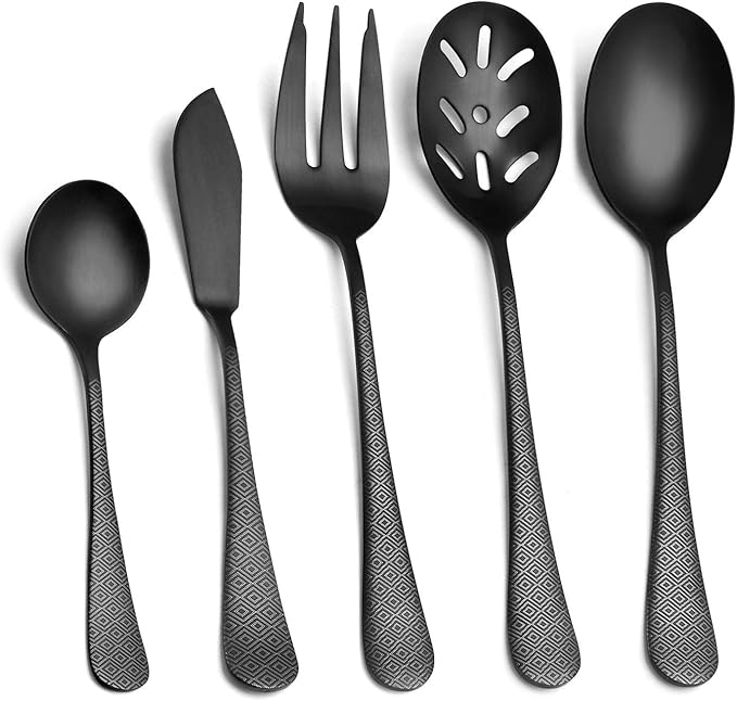 Matte Black Serving Set, sharecook 5-Piece 18/0 Stainless Steel Large Hostess Set with Round Edge, Satin Finished, Dishwasher Safe -Spoons, Forks,Butter Knife& Slotted Spoon