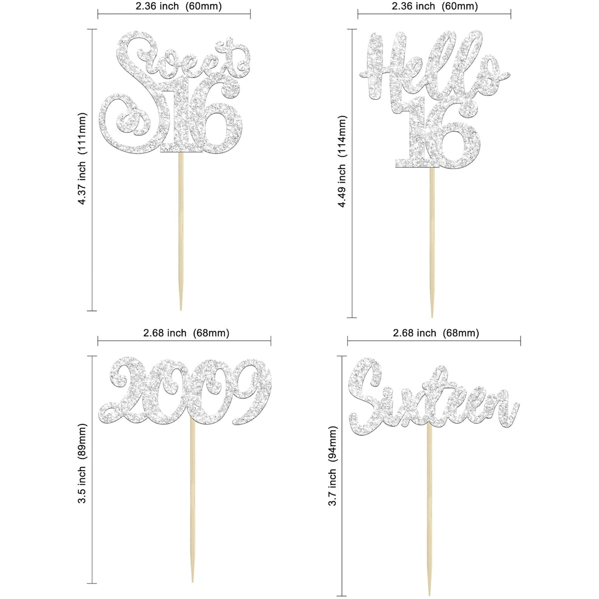 Gyufise 24Pcs 16th Birthday Cupcake Toppers Silver Glitter Hello 16 Sweet 16 Cupcake Picks 2009 16th Birthday Cake Decorations for Celebrating 16th Birthday Anniversary Party Supplies