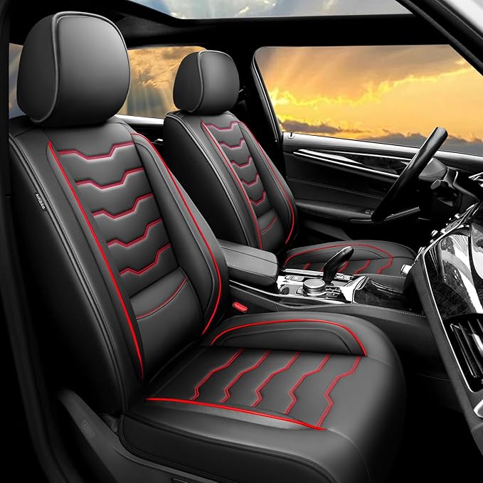 Fit Frontier Car Seat Covers Compatible with Nissan Frontier 2010-2025 2026 -Full Set Premium Leather， Waterproof Breathable， All-Weather Seat Cushion Protecto&Airbag Compatible（Red Line Black