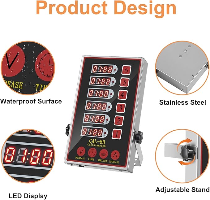 Precision Kitchen Timers for Cooking – 6 Channel Commercial Kitchen Timer Restaurant Kitchen Supplies – Stainless Steel Digital LED Chef Cooking Timer – Reminder Function, Loud Alarm, Black