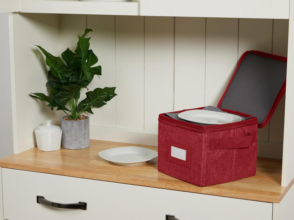 Covermates Keepsakes Dish Storage Box - Stackable, Reinforced Handles, China Storage, Red Heather