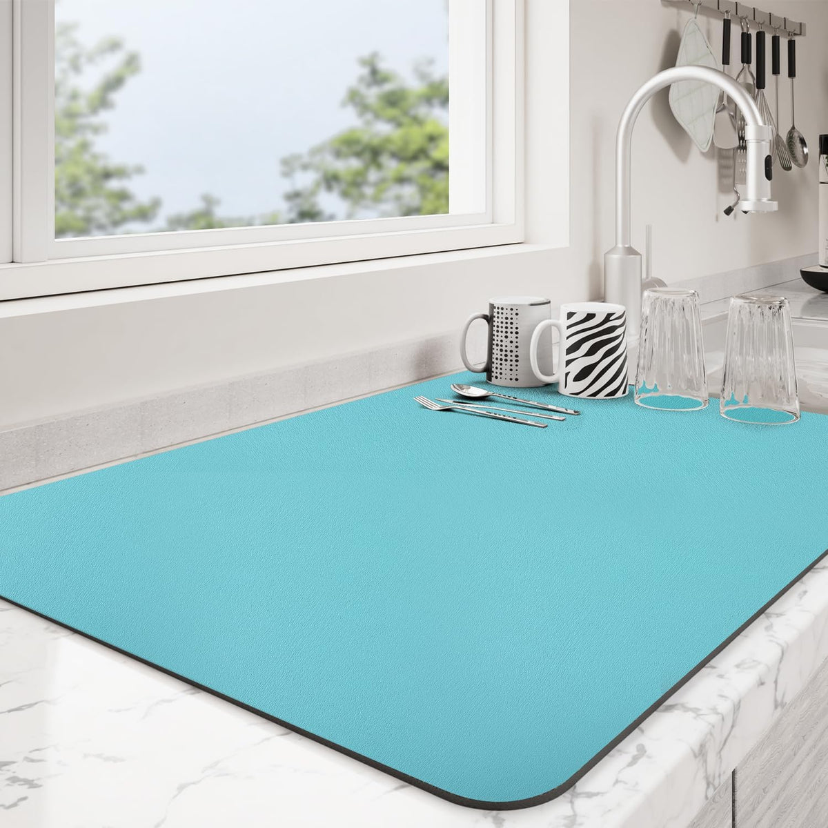 Dish Drying Mat for Kitchen Counter | Coffee Bar Mat for Countertops | Heat Resistant Drainer Mat with Non-slip Rubber Backed | Hide Stain Kitchen Absorbent Draining Mat | Turquoise 16"x18"