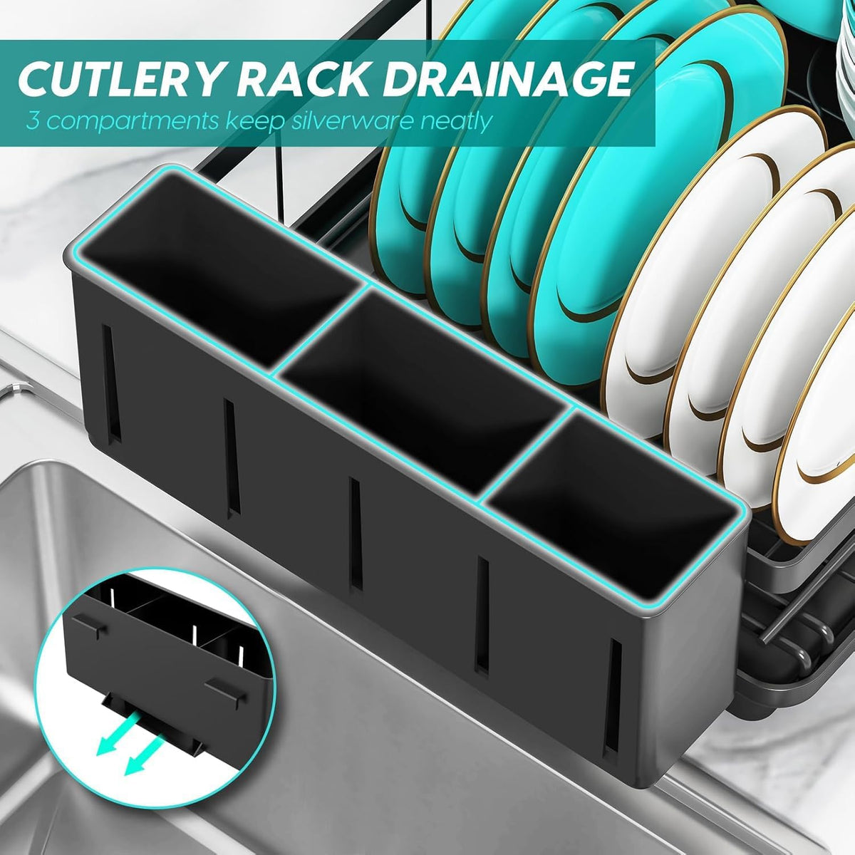 MERRYBOX Stainless Steel Dish Drying Rack for Kitchen Counter Sink，Rustproof Stainless Steel Dish Rack with Large 3-Compartment Utensil Holder