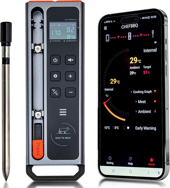 WiFi and Bluetooth Meat Thermometer Digital Wireless - Long Range Connection with Built-in Temperature Display, Meats Probe,Meat Thermometer for Grilling, Smoking, Cooking, BBQ Gift for Men