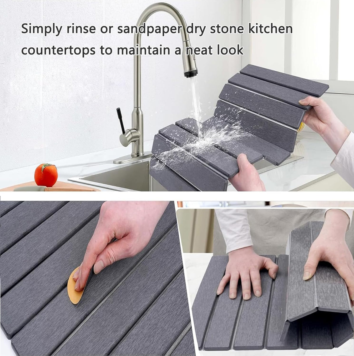 Stone Drying Mat for Kitchen Counter, Stone Dish Drying Mat Foldable, Super Absorbent Diatomaceous Earth Quick-drying Draining Mat for any Kitchen Countertop (Dark Gray B, 23.6”x15.4”)