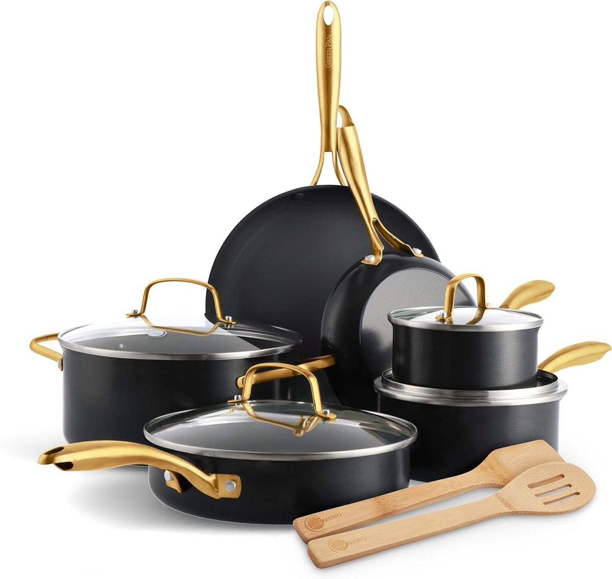 GreenPan 12 Piece Nonstick Swift Cookware Set, Ceramic PFAS-Free Pots & Pans with Lids, Dishwasher & Oven/Broiler Safe to 600F, Kitchen Cooking Set, Sauce, Saute, Stock, Frying Pans, Black/Gold