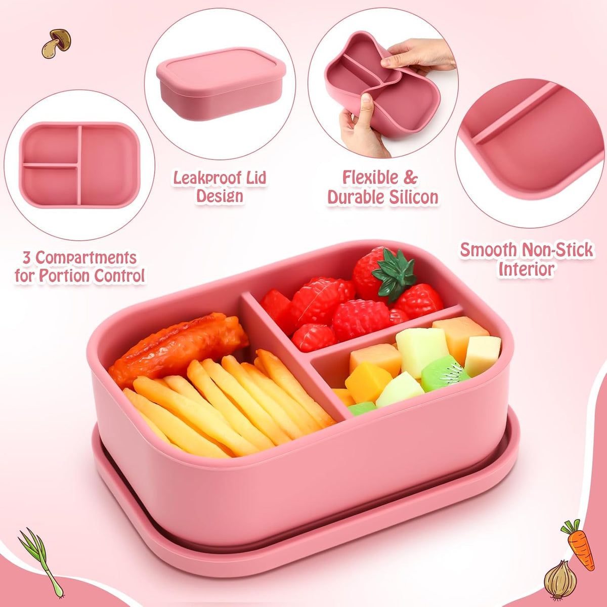 Honeydak 4 Pcs Silicone Bento Lunch Box 3 Compartment Reusable Leakproof Silicone Bento Lunch Container for Adults Microwave Dishwasher Freezer Safe(Red)