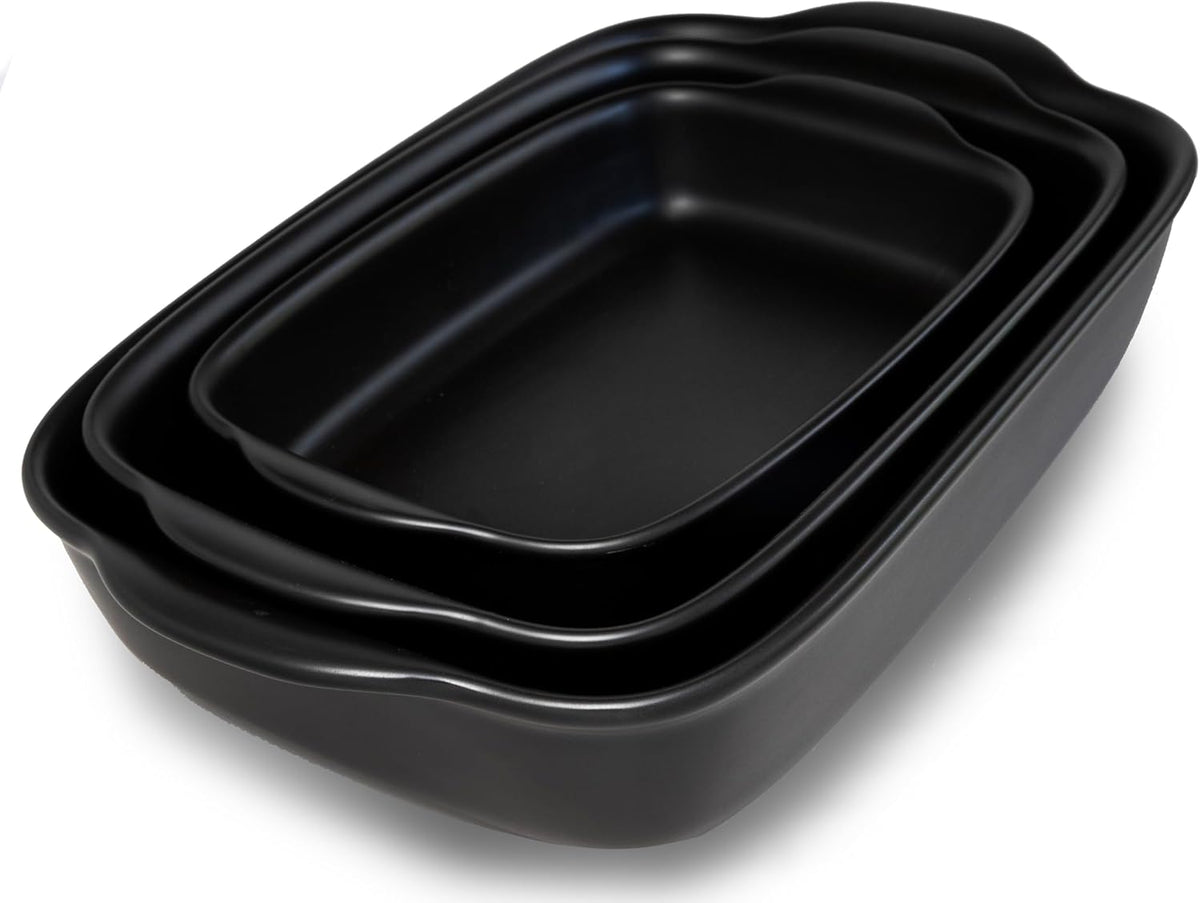 Saffron & Sage Casserole Dish Set of 3 - Baking Dishes for Oven, Contemporary Black Ceramic Baking Dish Set, Heavy Duty Bakeware, Up to 500° High Heat Resistant, Dishwasher, Freezer and Food Safe