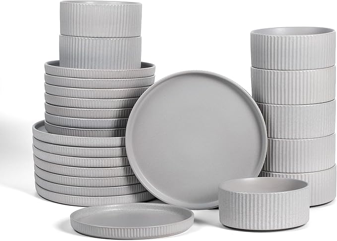 Stone Lain Haven Stoneware 24-Piece Dinnerware Set, Grey - Plates and Bowls Sets for 8, Elegant Dish Set, Includes Dinner Plates, Salad Plates Cereal Bowls, Microwave & Dishwasher Safe