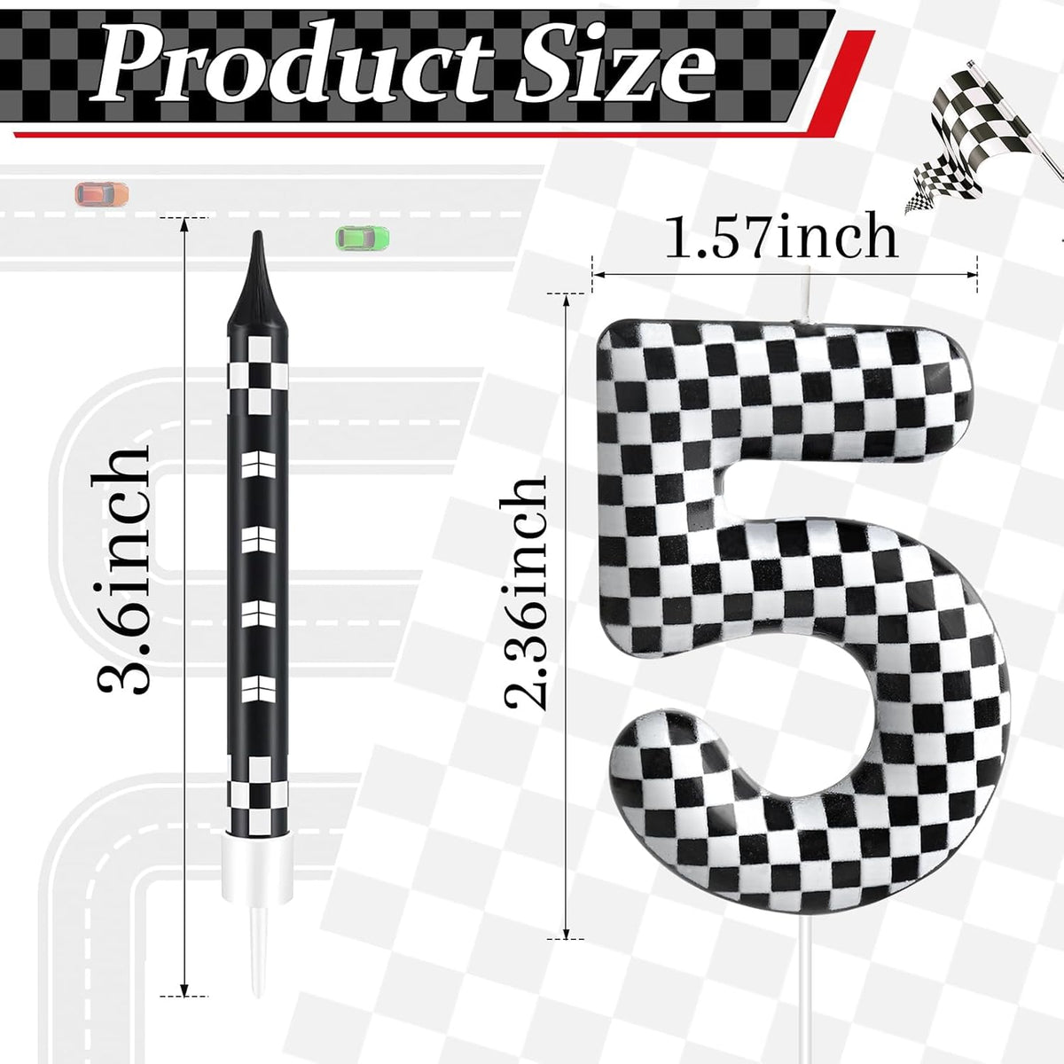 13 Pcs Racing Cars Themed Birthday Candles Black and White Race Number 5 Checkered Candle Cake Topper for Racing Car Party Decoration Supplies (Number 5)