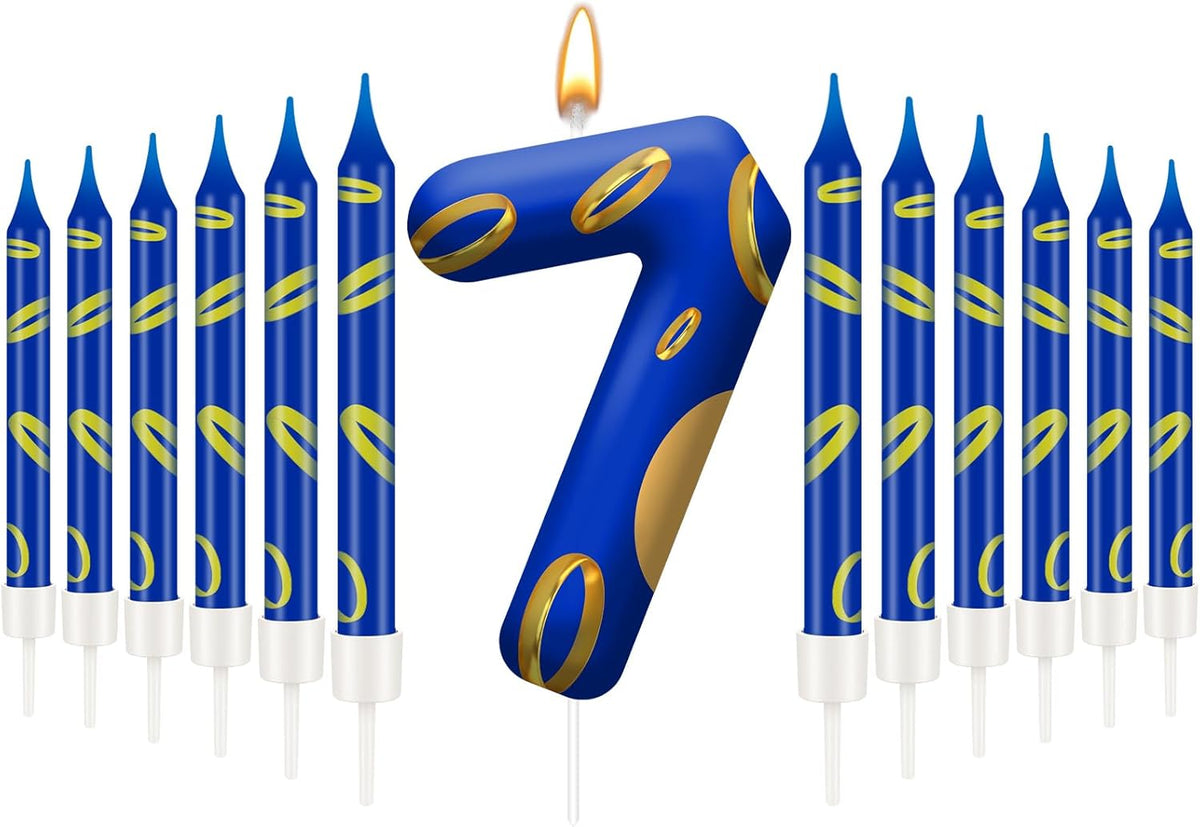 13PCS Birthday Cake Candles Set - Blue and Golden Ring Number Candles with Vibrant Designs for Boys & Girls, Theme Birthday Party Decorations, Cake Toppers for Theme Parties(Number 7)
